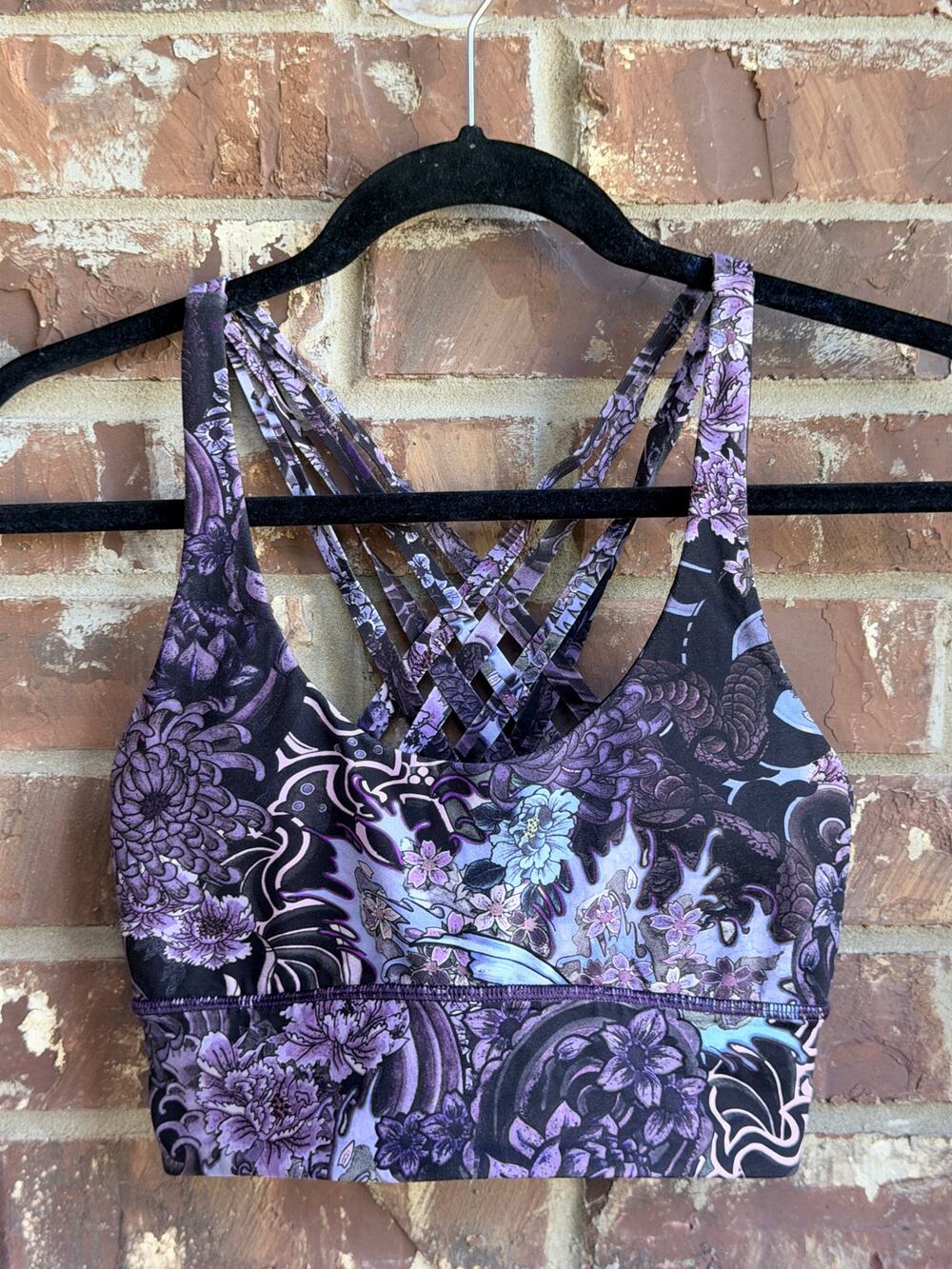 Lululemon Energy Bra Size 8 Purple Black Floral Strappy Sports Bra